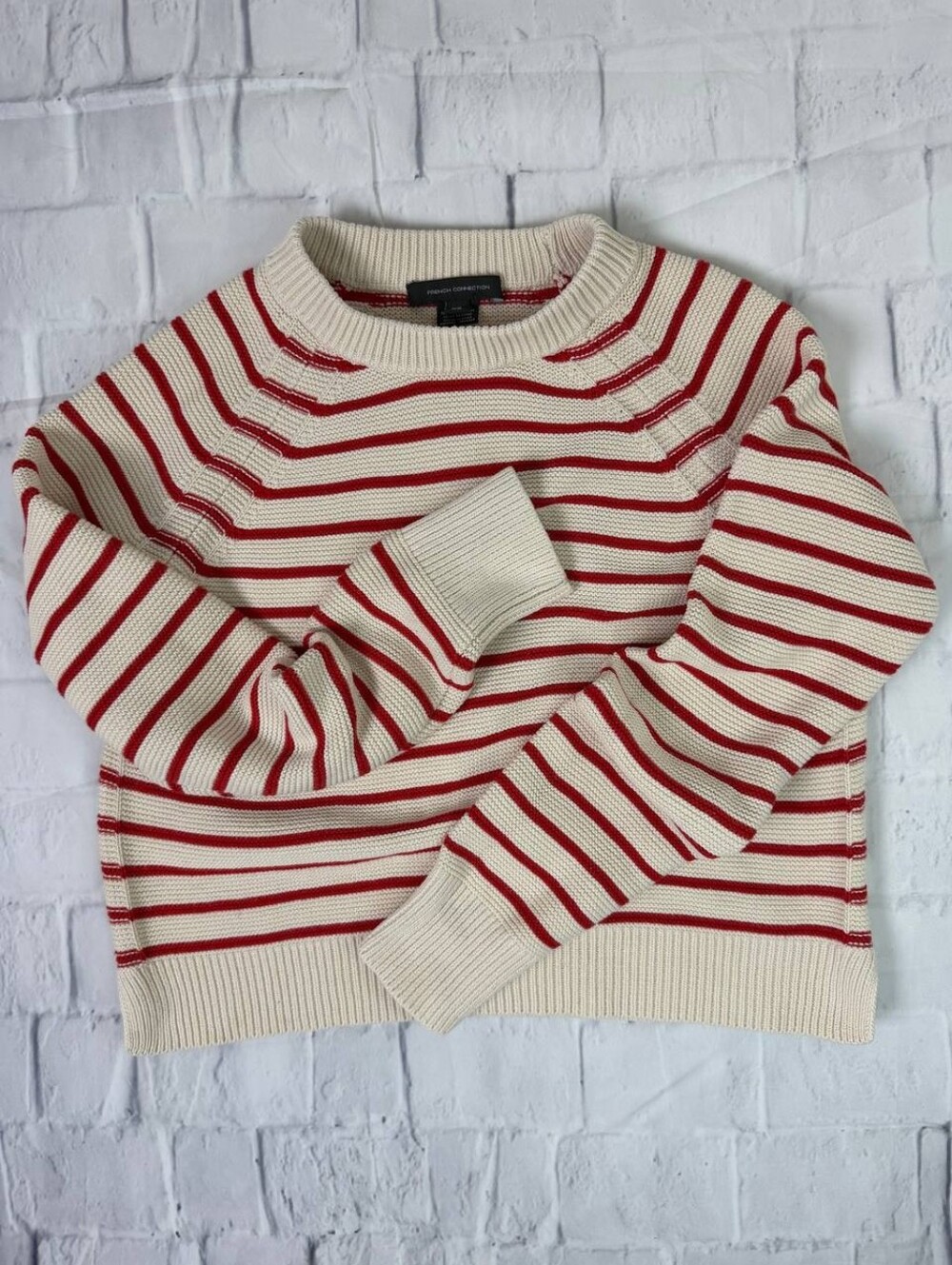 French Connection Cream Red Striped Knit Sweater XS